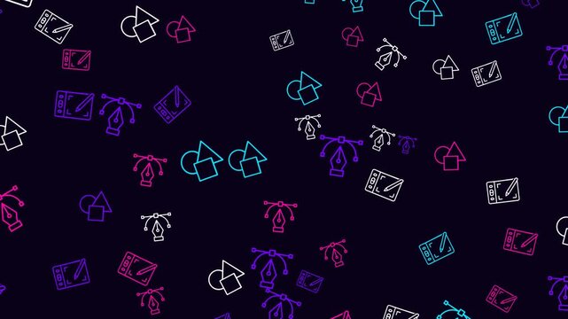 Dark background with repeating geometric shapes and icons
