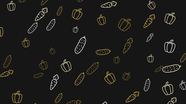 Golden and white outlines of vegetables on a black background