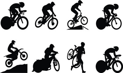 Fototapeta premium Cycling and motocross solid black silhouette set featuring mountain biking, bmx, road racing, and dirt bike riders