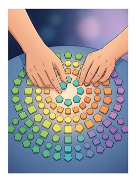 Person organizing colorful geometric game pieces in circular pattern