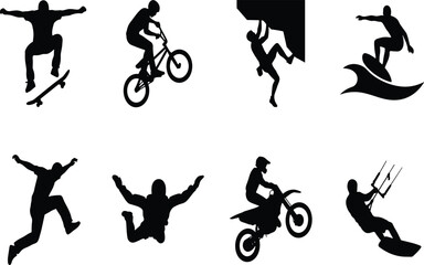 Fototapeta premium Extreme action sports solid black silhouette set featuring skateboarding, BMX, surfing, rock climbing, motocross, and kiteboarding