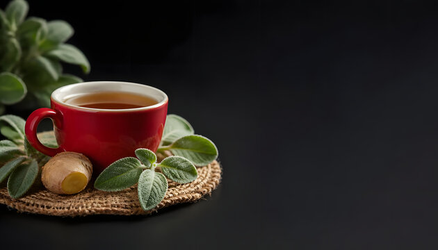 fresh organic  sage herbal tea with ginger on jute mat  for natural wellness concept, organic sage tea cup with fresh sage leaves and ginger for herbal health lifestyle
