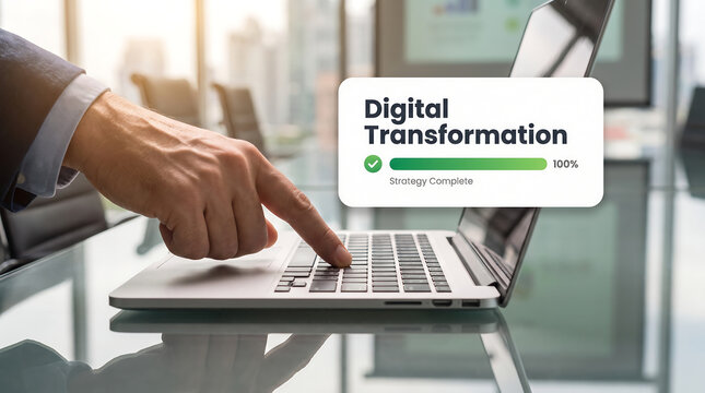 Businessman using laptop with digital transformation progress bar notification pop up for corporate business process modernization and technology integration concept, transformation