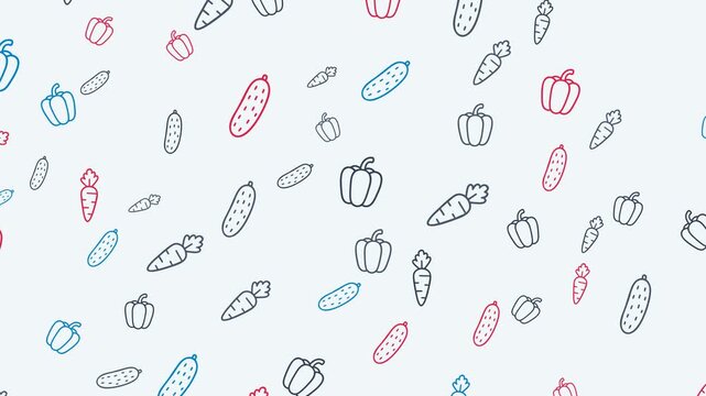 Pattern of handdrawn vegetables including peppers cucumbers and carrots