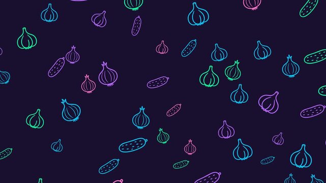 Pattern of neonoutlined garlic and onion bulbs and cucumbers