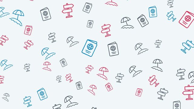 Repeating pattern of travel icons including passports beach umbrellas and directional signs