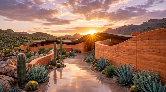 Modern Desert Home with Cactus Garden at Sunset