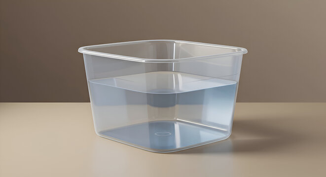 Empty clear plastic storage container on a neutral surface. Empty container with water level viewable within the container, demonstrating capacity.