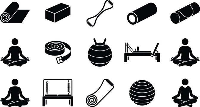 Yoga and pilates exercise equipment icons with exercise resistance meditation wellness training reformer lifestyle equipment illustration minimalist physical activity practice flexibility