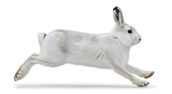 Studio shot of a mountain hare running fast in profile isolated on a white background