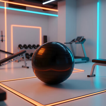 Modern exercise ball in a brightly lit, contemporary gym. A sleek black exercise ball sits on a light gray floor, with neon lighting highlighting fitness equipment.
