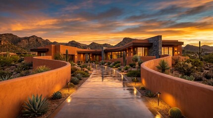 Fototapeta premium Luxury Desert Home with Curved Driveway at Sunset