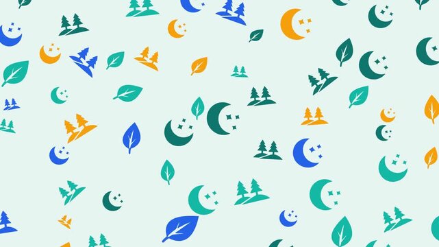 Seamless pattern of stylized moons trees and leaves in various colors