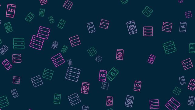 Seamless pattern of stylized icons depicting mobile advertisements and server racks