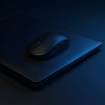 Black wireless computer mouse resting on a dark laptop in a studio setting. Modern tech accessory in a sleek, professional workspace.