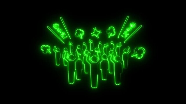 Neon angry crowd animation: stylized stick figures expressing frustration and outrage with glowing symbols