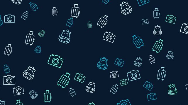 Seamless pattern of travel icons on a dark blue background