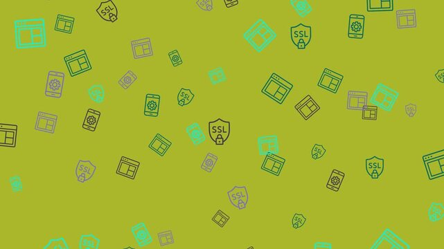Seamless pattern of website and mobile icons on green background