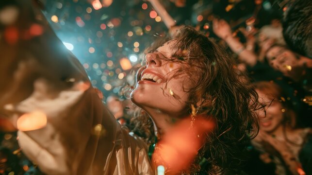 A joyful woman with curly hair dances energetically amidst a lively crowd and festive confetti at a vibrant celebration.