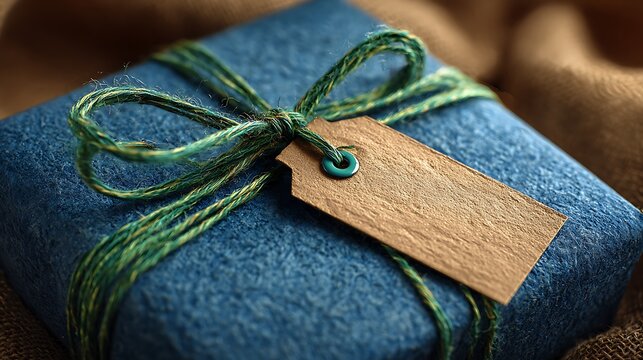 Gift tag on a blue wrapped gift with a green string, resting on a brown textured background