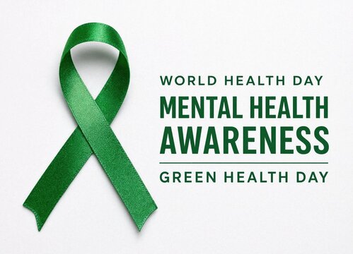 World mental health day concept awareness poster, Green awareness ribbon and text world health day mental health awareness green health day on white background.