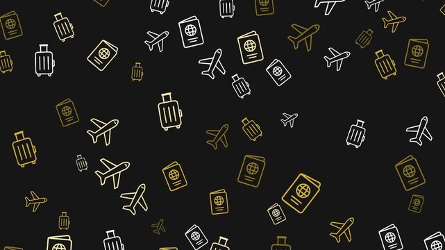 Travel icons of passports and suitcases on a black background