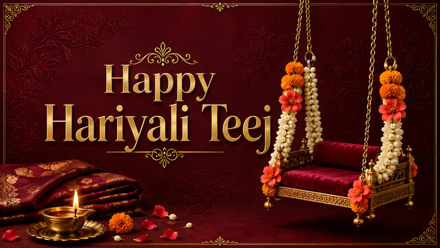 Ornate red festive background with golden floral swing silk fabric and lamp celebrating happy hariyali teej and kajari teej in elegant traditional style