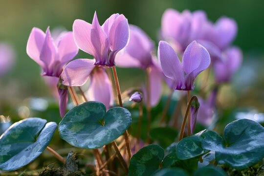 Macro shot of cyclamen repandum blossoms with dew on petals