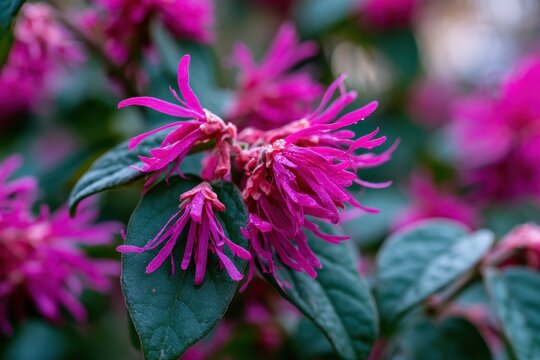 Macro shot of pink Loropetalum blossoms with glossy green leaves in spring garden