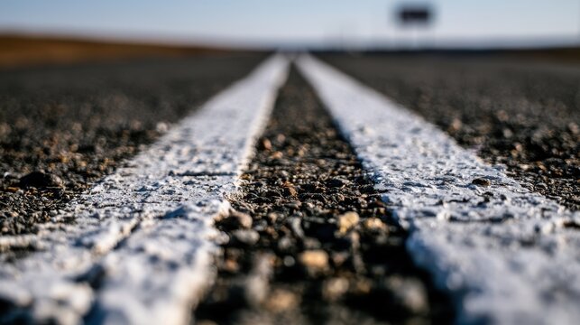 Macro shot of rough pavement showing double lane lines and blurred roadside sign