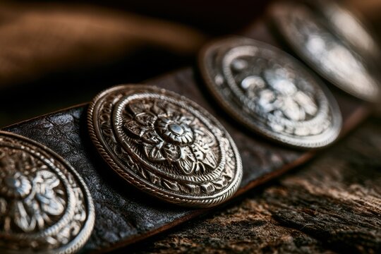 Macro shot of ornate metal conchos with detailed engravings on leather strap