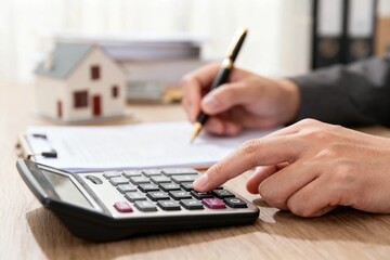 Fototapeta premium Real estate calculations with calculator and model house