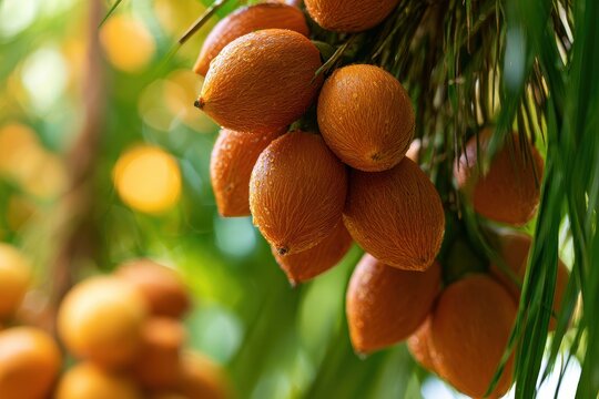 Macro view of buriti fruit clusters on a Moriche palm in a humid rainforest setting