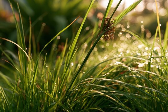 Macro view of slender nutsedge blades and seed heads among grass