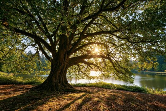 Majestic Old-Growth Tree Beside a Tranquil Lakeside in Beaverton, Oregon