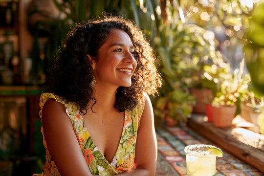 Mamacita on a sunlit patio craving a Margarita: cheerful outdoor moment