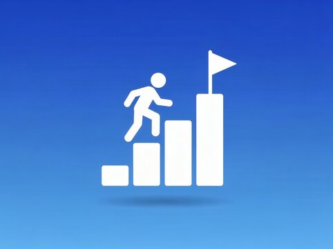 Businessman figure climbing a bar chart toward a goal flag represents career advancement success.