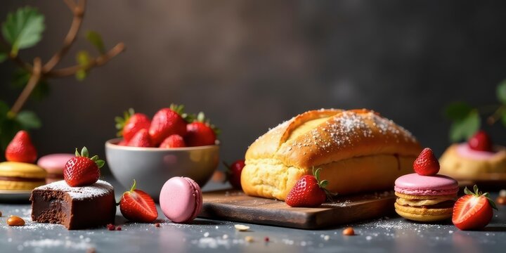 A delectable arrangement of freshly baked bread, delicate macarons, and juicy strawberries, a tempting display of sweet treats