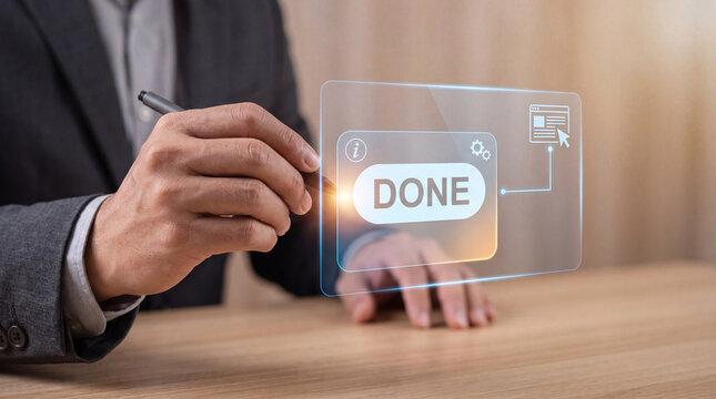 businessman holding smartphone with glowing done badge and gear icon to confirm task completion, verify workflow automation status, and finalize project checklist item