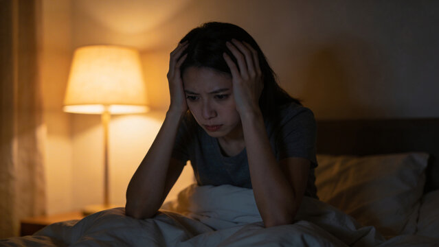 Young woman sitting on bed holding head with both hands, knees drawn to chest, appearing stressed or overwhelmed in softly lit bedroom near window with curtains.