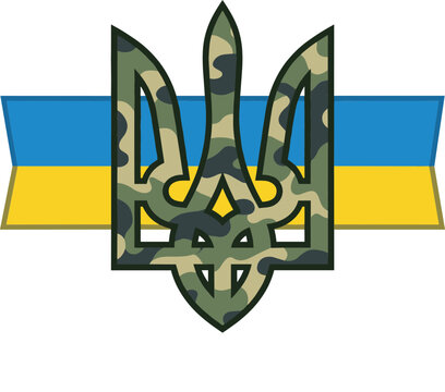 National emblem coat of arms of Ukraine trident tryzub with military camouflage pattern texture overlay on blue and yellow flag background