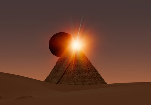 Giza Pyramid Complex at amazing sunset sky with Solar Eclipse - Cairo, Egypt