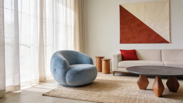 Cozy modern living room interior design with a comfortable blue armchair.