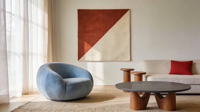 Cozy modern living room interior design with a comfortable blue armchair.