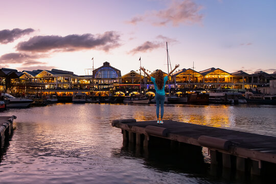 Beautiful scene of Victoria waterfront of South Africa at dusk sunset evening light reflection 