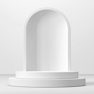 Minimal white arch podium in minimal style on white monochrome background, modern beverage advertising and product presentation