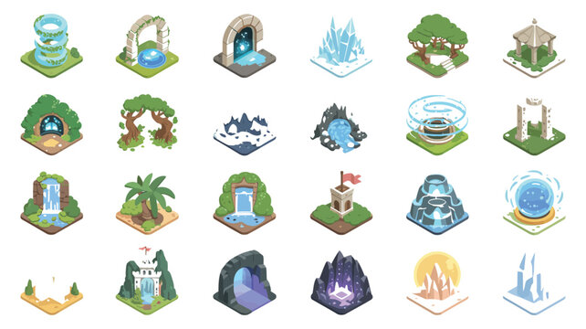 Vector icons isometric fantasy portals and gates game assets set, magical doors, fantasy elements, adventure game design, editable eps illustration