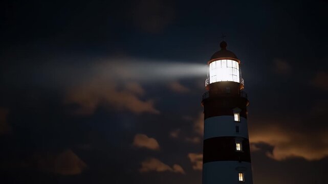 Lighthouse beacon shining bright light across the dark night sky over the ocean