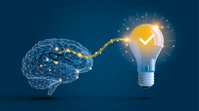 A digital brain connected to a glowing light bulb with a checkmark, symbolizing innovation, ideas, and intelligence in technology.