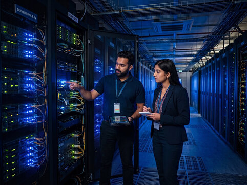 IT technicians inspecting server rack equipment in data center server room
